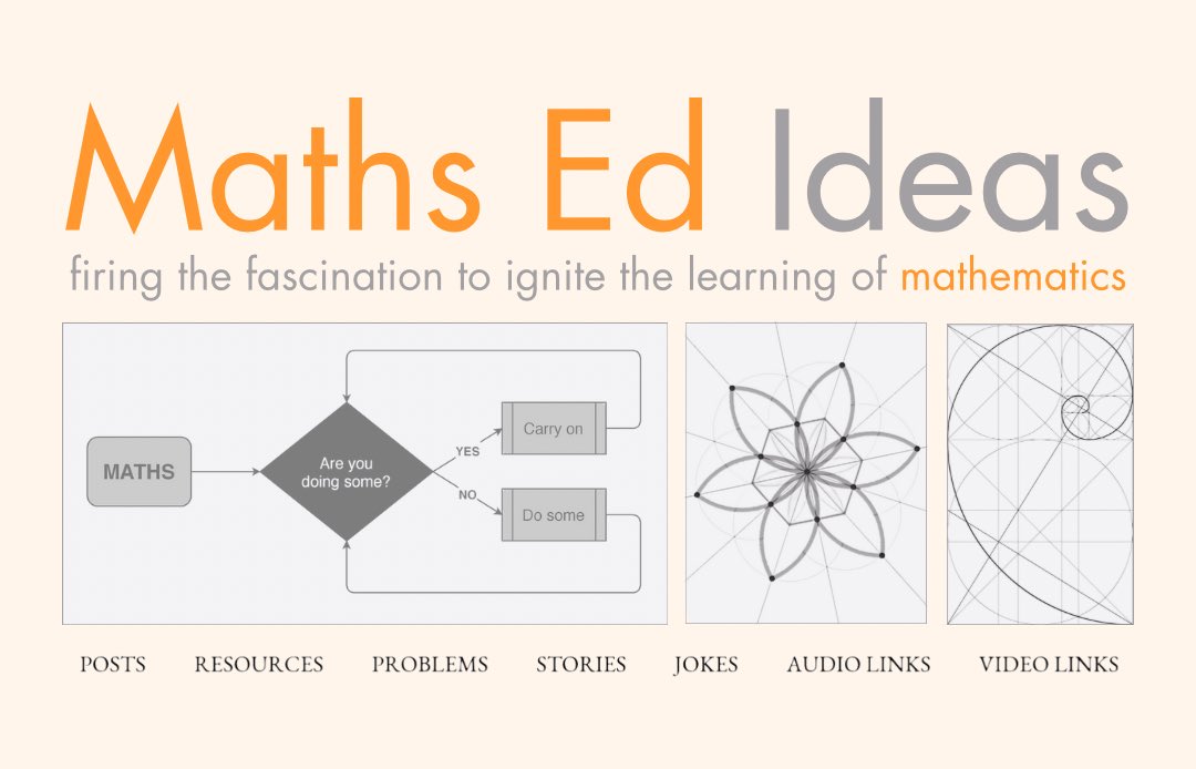 A maths blog for teachers / anyone with an interest in mathematics — with posts about maths and its awe-inspiring stories, resources and problems free to download, and collections of links to the most fascinating maths audio and video out there: mathsedideas.blogspot.com