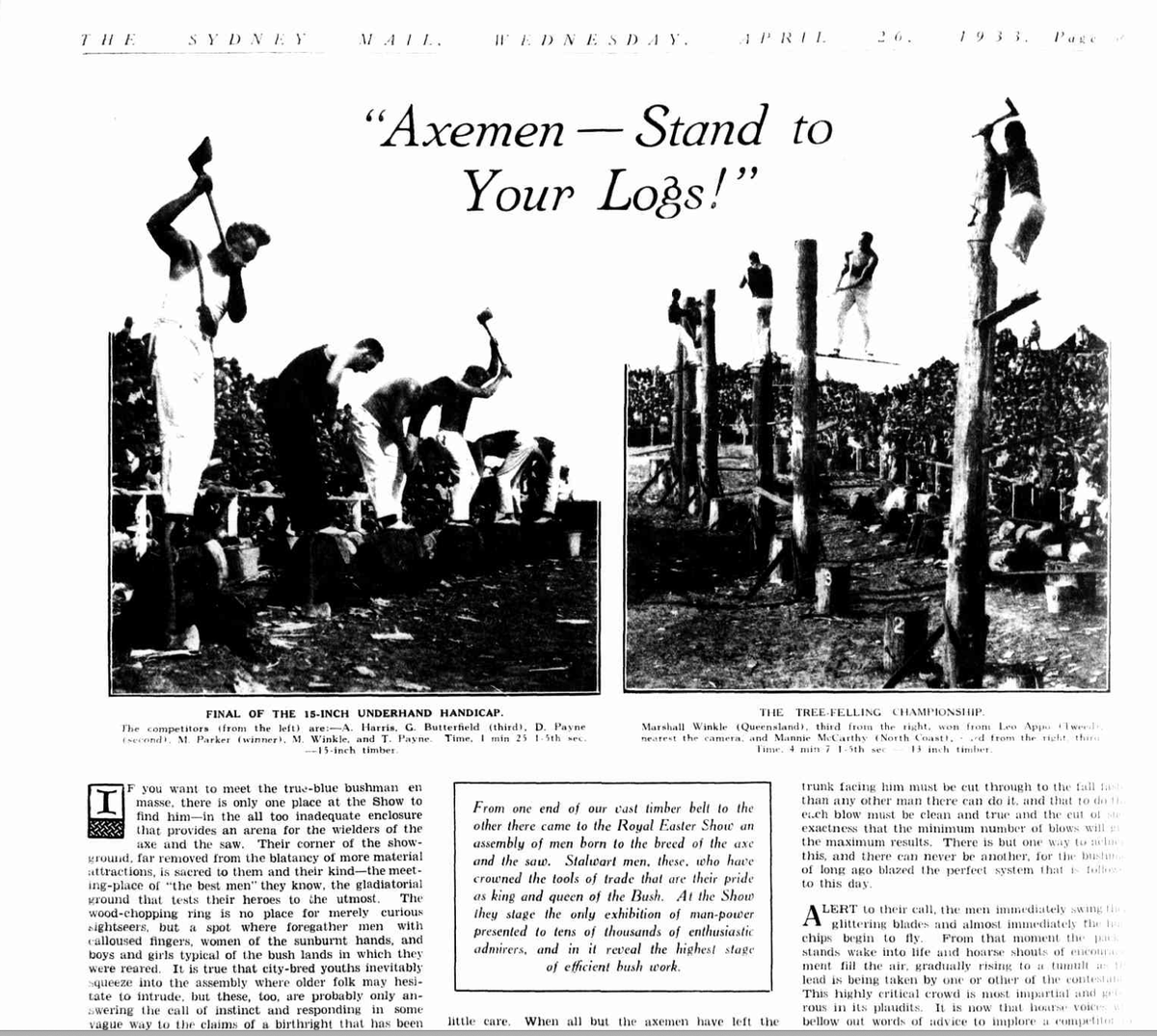 Australian Dictionary of Biography (@ausdictionbiog) on Twitter photo Last day of the <a href="/eastershow/">The Sydney Royal Easter Show</a> 🐰
The show's first woodchopping competition was held in 1899. Read about one of its early competitors, Manny McCarthy (1902–1994), in the ADB: tinyurl.com/mannymccarthy Last day of the <a href="/eastershow/">The Sydney Royal Easter Show</a> 🐰
The show's first woodchopping competition was held in 1899. Read about one of its early competitors, Manny McCarthy (1902–1994), in the ADB: tinyurl.com/mannymccarthy