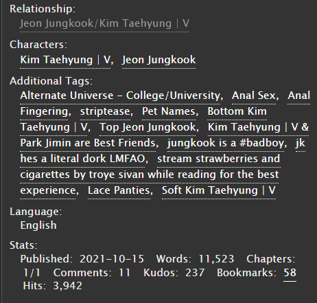 #taekookau #taekook #kookv fic rec : 
remember when you taught me faith? (said it'd all be worth the wait) - espoot 

- top kook x bottom tae (explicit 🔞) 
- university au 
- dorks
- fluffy and hot asf
- petnames + bit of degradation 
- lace panties <3 
archiveofourown.org/works/34519474