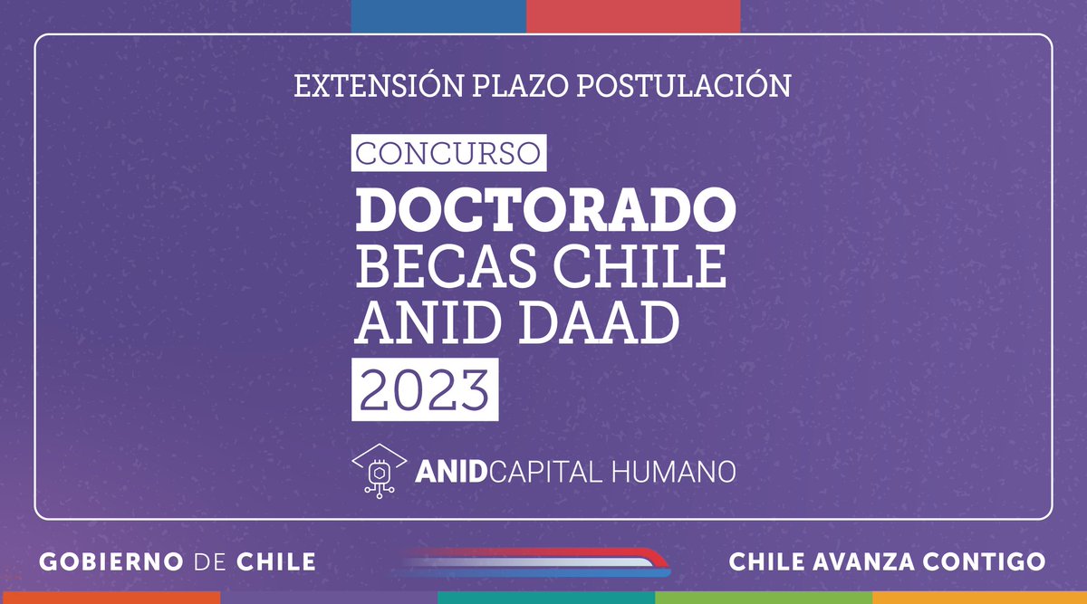 Informamos que entre el 1 de abril y el 29 de abril de 2024 se abrió, de manera extraordinaria, un nuevo periodo para postular al concurso Doctorado Becas Chile ANID-DAAD convocatoria 2023. Más información disponible en anid.cl/concursos/doct…