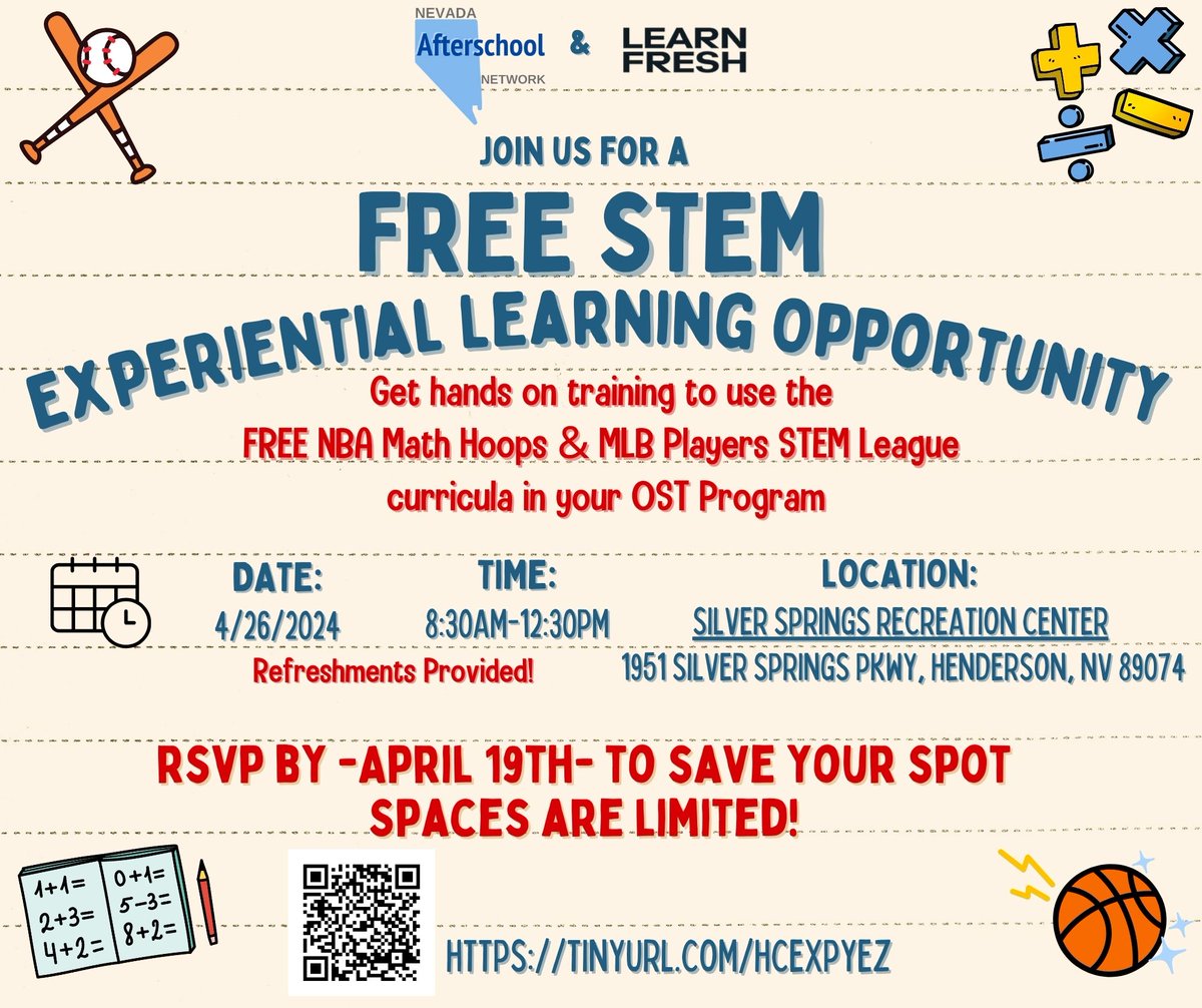 This Friday is the LAST DAY to register for the FREE, half-day workshop with @learn_fresh to get trained in their #NBAMathHoops and #MLBPlayersSTEMLeague curriculum! 🏀⚾️
Spaces are limited! Register here today ➡️tinyurl.com/hcexpyez #NVOST #NVAfterschool