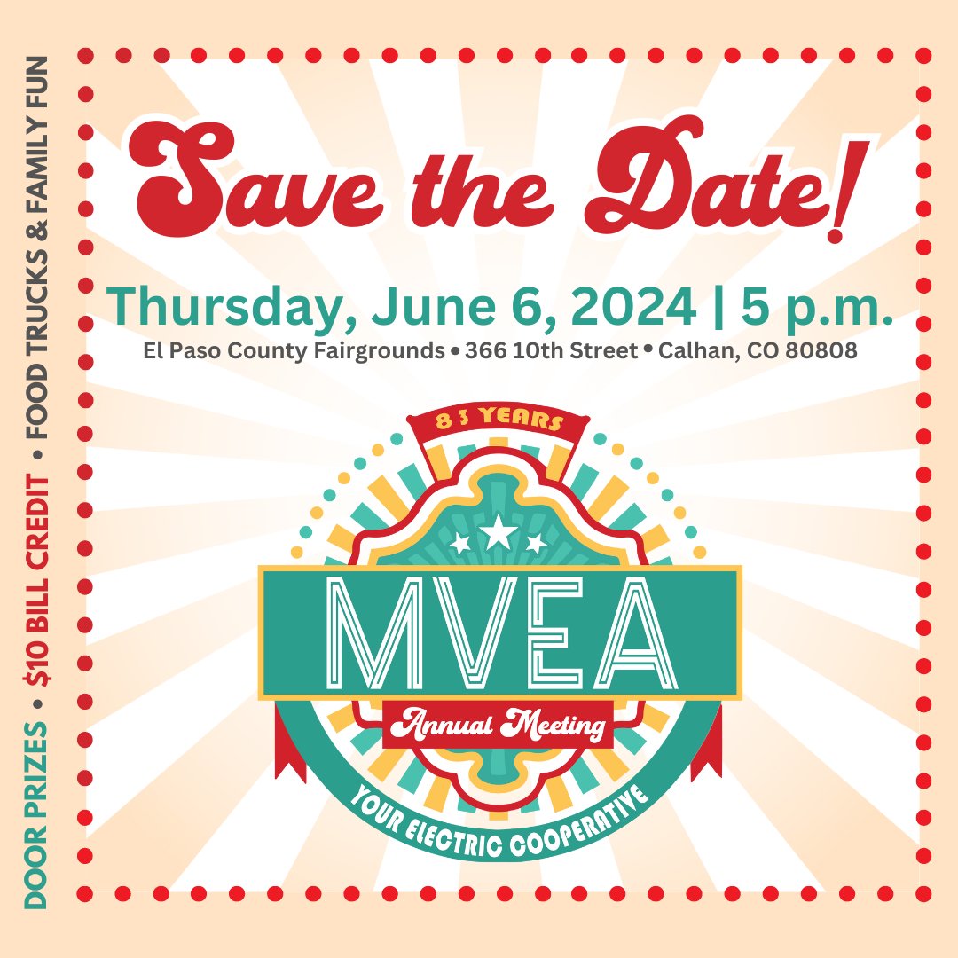 🤠 Save the date for our Annual Meeting of Members!🎡 Join us for family fun booths, a free food truck dinner, and exciting door prizes! Plus, score a $10 bill credit just for attending! mvea.coop/annual-meeting…🌽🎈 #MVEAAnnualMeeting #CountryFair #CommunityFun