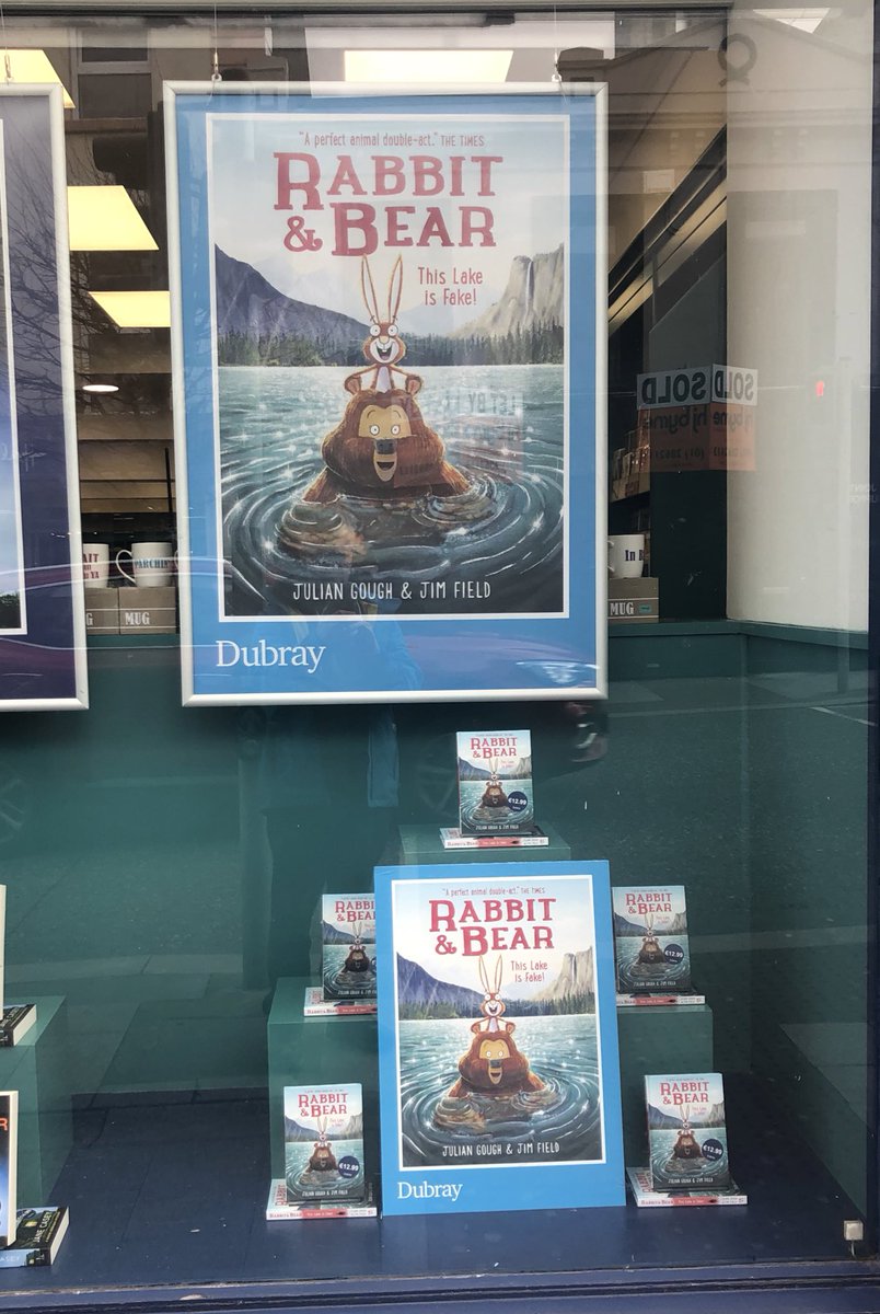 Absolutely love the Rabbit & Bear series by our pal @juliangough & @_JimField . Consistently hilarious and gorgeously drawn! Picked up the latest ‘The Lake is Fake’ Nice window display in @DubrayBooks too! 🙌🙌