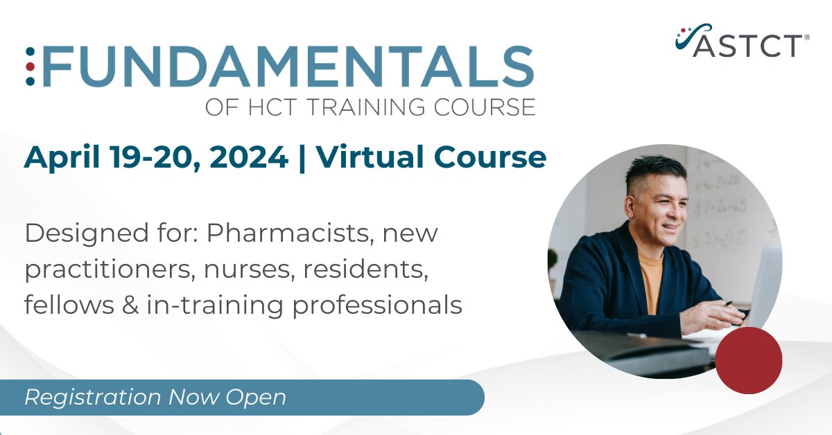Register for the virtual Fundamentals of HCT Training Course to receive a broad intro to #HCT &amp; cellular immunotherapy. This course incorporates case-based learning to emphasize concepts taught, with a strong focus on pharmacotherapeutic management. ow.ly/j69f50QIyfQ