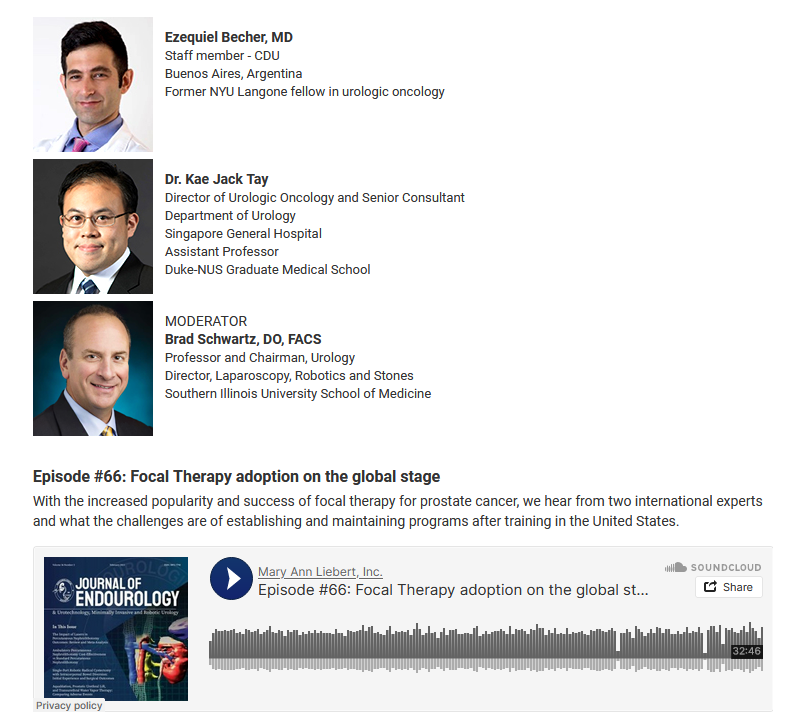 In the latest episode of Endourology Sound Bites, Drs. Ezequiel Becher and @KaeJackTay discuss the popularity of focal therapy for prostate cancer and the challenges of establishing int'l programs with host Dr. Brad Schwartz. @FocalSociety Listen now: soundcloud.com/mary-ann-liebe…