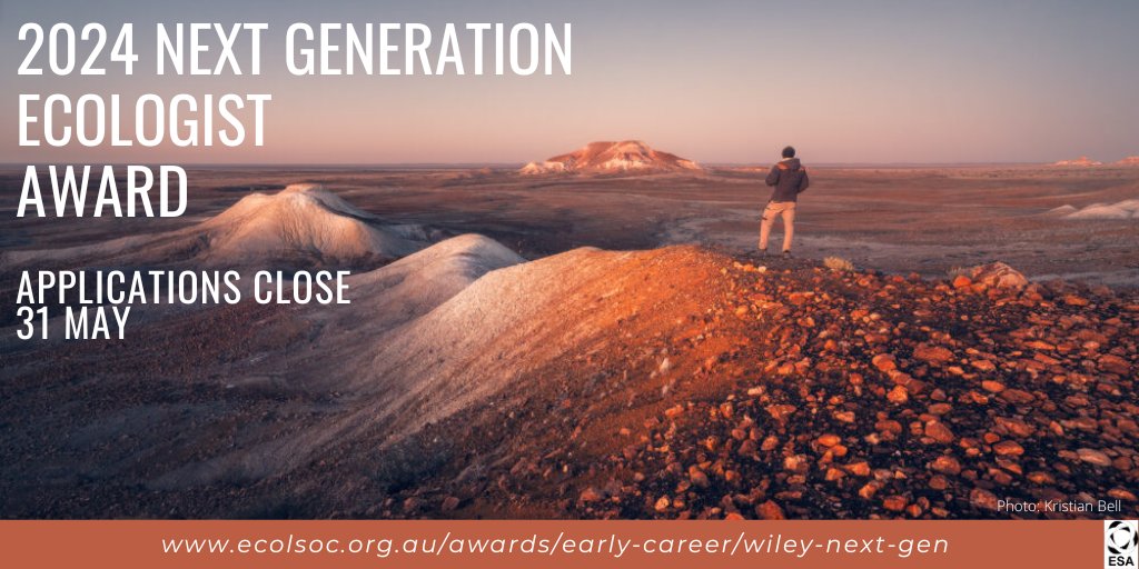 Applications for the 2024 Next Generation Ecologist Award are now open! This award recognises excellence in early-career research and provides ECEs with a voice at our annual conference. Find out more: ecolsoc.org.au/awards/early-c… Applications close 31 May. 📷️: Kristian Bell