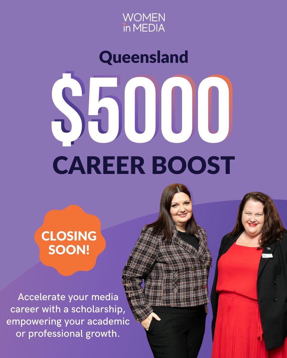 🌟 Don't miss out! Applications closing soon for the Queensland Career Boost Scholarship! Up to $5000 available for women in media with 10+ years' experience in QLD, aiming to enhance their career through academic or professional development. Learn more buff.ly/3VjO8wd