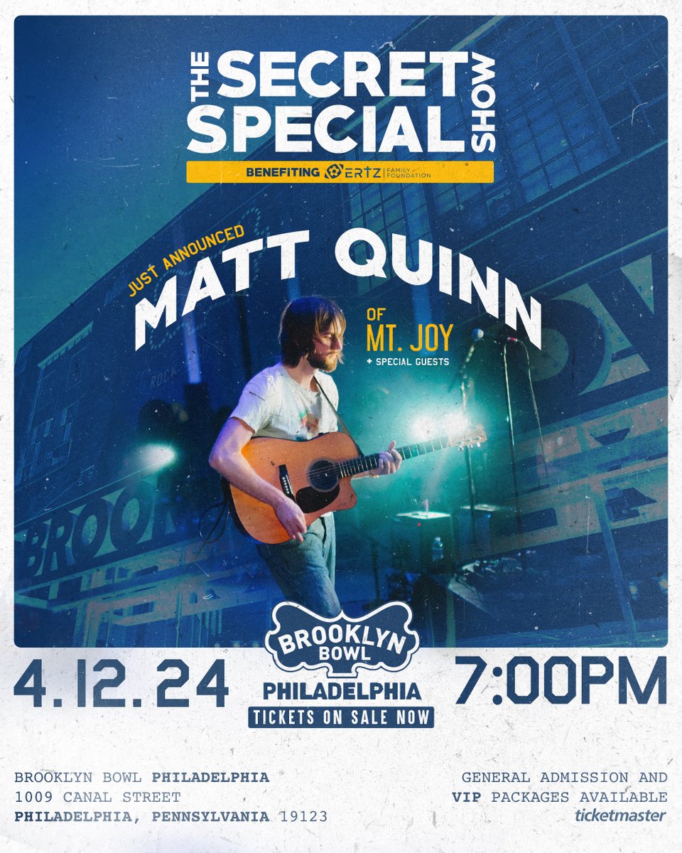 THE SECRET IS OUT ✖️ Matt Quinn of @MTJoyBand is playing @BBowlPhilly on April 12th, 2024 at 7pm to benefit @ErtzFoundation ⚡️ Tickets and VIP packages available now: bit.ly/49jvs2Q 🔗Stay tuned for additional special guests to be announced 🔥