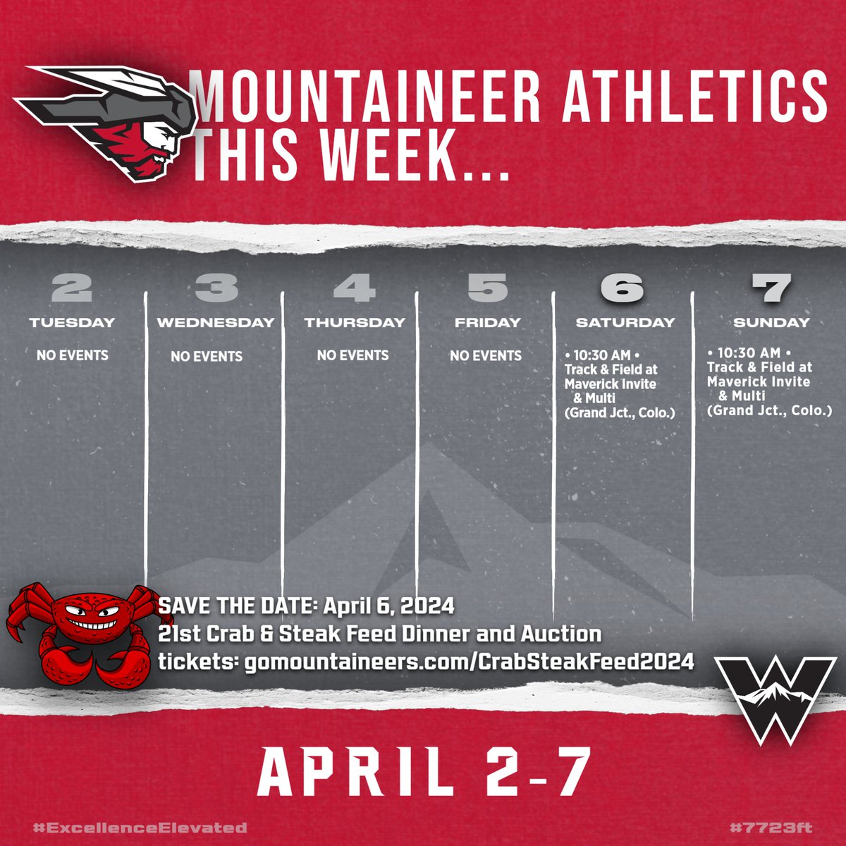 Mountaineer T&F is at Colorado Mesa this weekend. When the timing company sets up the live results link it will be posted on the schedule page at gomountaineers.com/TF2324sked And it's Crab & Steak Feed week! #ExcellenceElevated #7723ft #CrabFeed