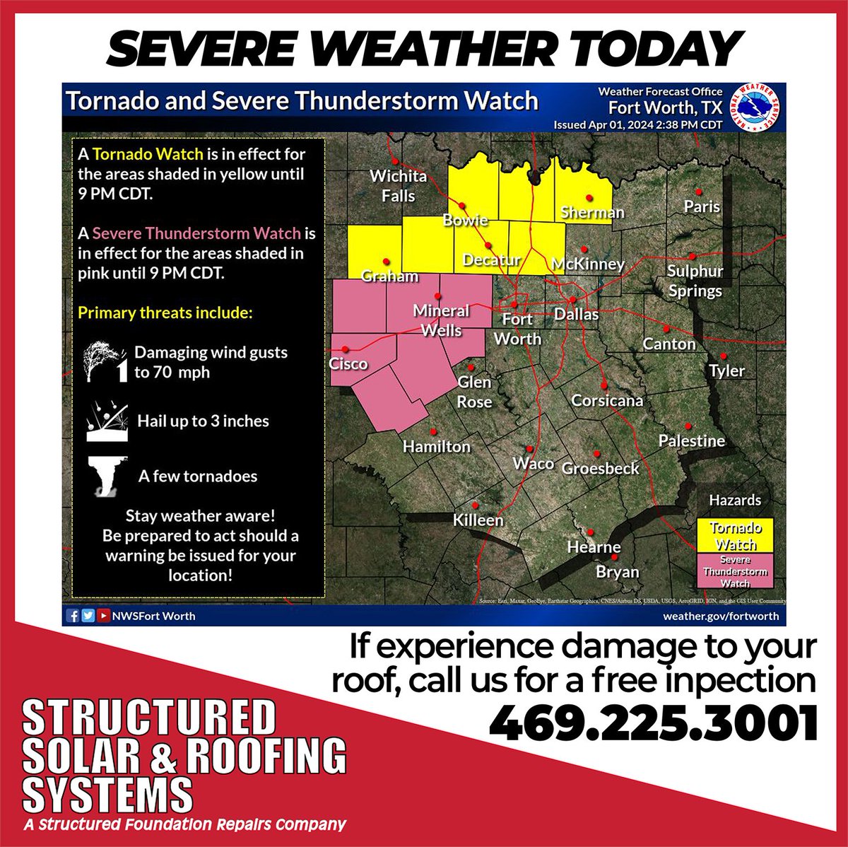 Info as of 5pm CST: NWS updated the 4cast for this evening to incl. severe weather in NTX: possible high winds, hail, & tornadoes. If you suspect roof damage after call us to schedule a free inspection.  469.225.3001

Stay safe, everyone! 

#weatheraware #northtexas #roofdamage
