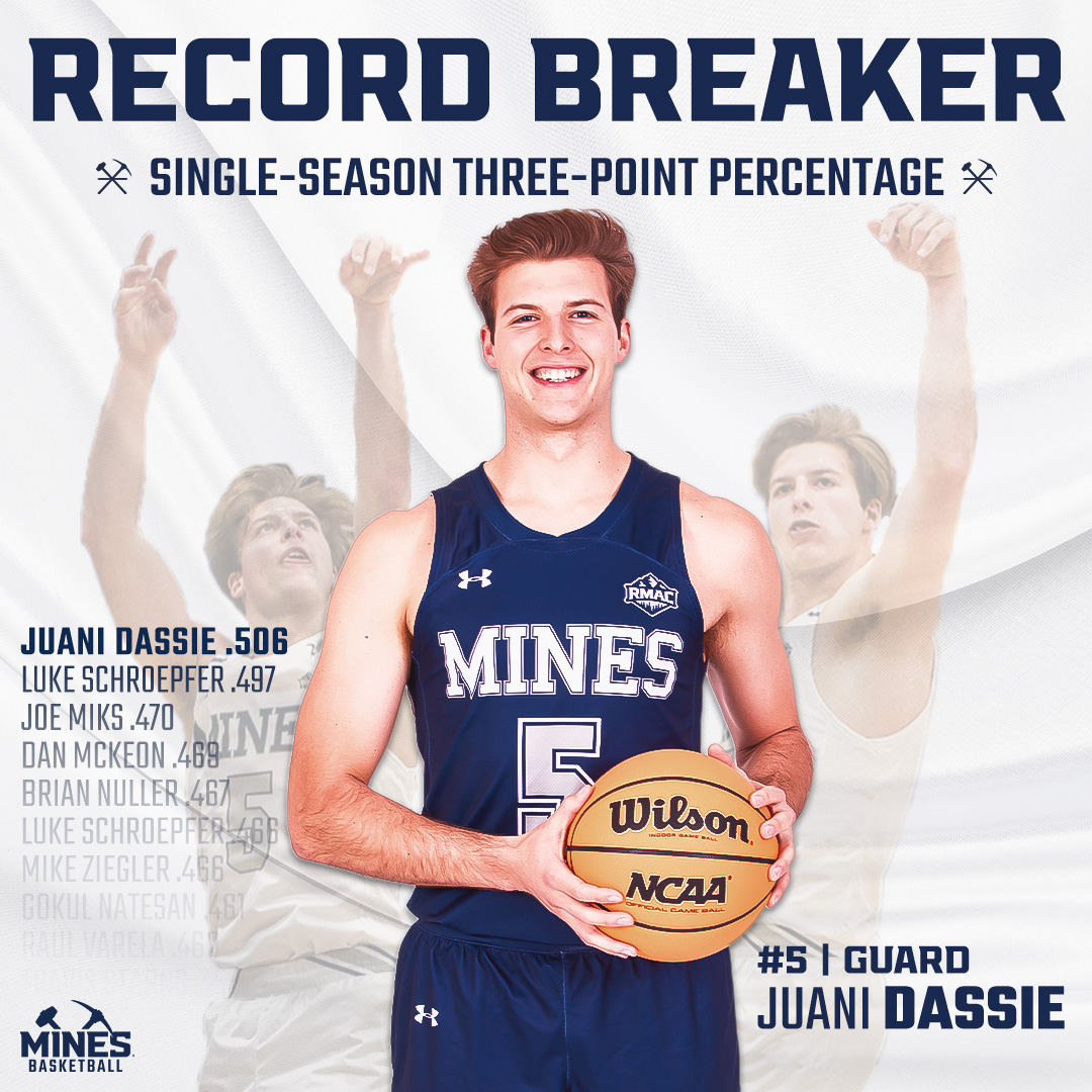 🇦🇷 𝘿𝙀𝙅𝘼𝙇𝙊 𝙑𝙊𝙇𝘼𝙍 🇦🇷 There's a new name atop the single-season list for three-point percentage (min 75 att.), and only one man to shoot better than 50% in doing so. Congratulations to Juani Dassie on penning his name into the Mines record books! #HelluvaEngineer