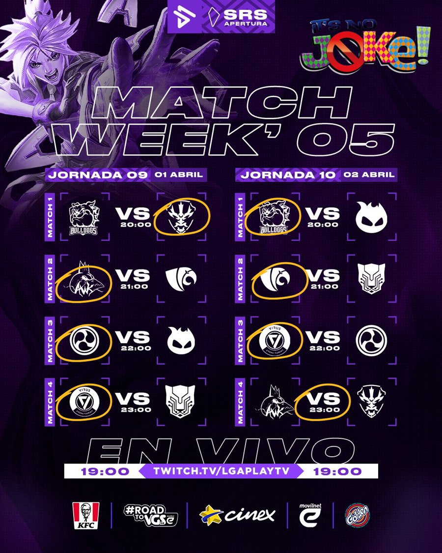 Predicciones de la Week 5 de la @LGAPlay 

Altamente serios y con mucho profesionalismo

#AprilFoolsDay 

@Arawakesports
@PantereSports
@EsportsRaijin
@ColNet_eSports
@ARAesportsVzla
@TeamCareperros
@VirusArenaGamer
@EsportsAkuma
#SpiritualRiftSeries #SRS24