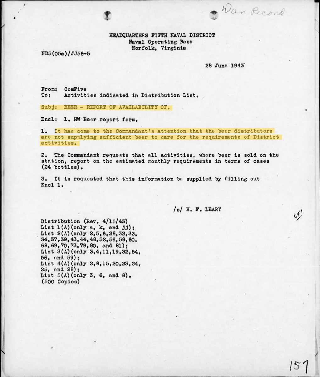 On June 28th, 1943, during the height of WWII, Commandant of 5th Naval District, RADM Herbert Leary, wanted answers WHERE IS THE BEER? 5th Naval District - almost all commands in Virginia, WV, Maryland incl. NOB Norfolk, Norfolk Navy Yard, Newport News Shipbuilding 6/28 was a