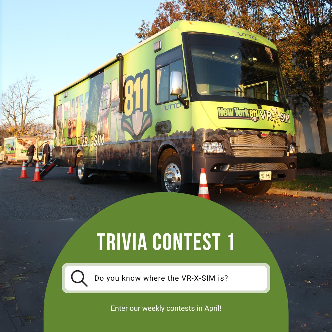 NewYork811's tweet photo. 🎉 Contest Time! 🎉 Can you guess the first location where our VR-X SIM has been parked? Our location trivia question is in the link below - enter your answer there for your chance to win! #NY811Contest #Week1 #SafeDiggingMonth #TriviaTime https://t.co/YVKuIXm63Y https://t.co/TTCkTCFcrr