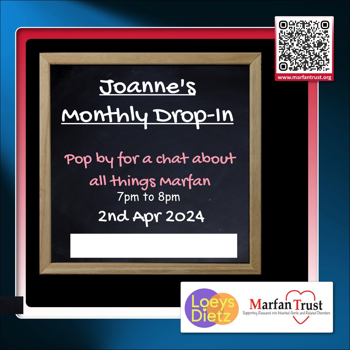 #MarfanMondays Joanne's monthly drop-in resumes this Tuesday - tomorrow. Why not pop in for an informal conversation on all things Marfan. It's a chance to meet fellow supporters, share common concerns and swap tips in a friendly environment. tinyurl.com/ymrrcnkj