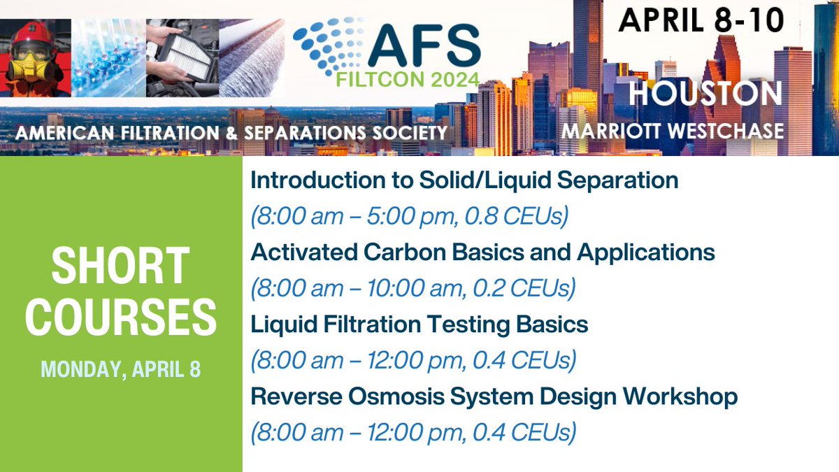 Take advantage of these filtration short courses at FiltCon 2024! Our short courses are taught by industry experts who have exceptional knowledge and experience in their fields. filtcon.joynconference.com/v2/