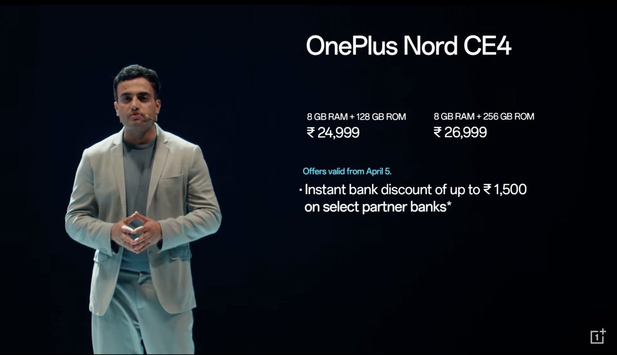 The pricing of #OnePlusNordCE4    is exactly same in the below tweet.

8/128 :- ₹24,999
8/256:- ₹26,999

1500 off with card offer + 2500 exchange bonus+ Free Nord buds 2r.

#NordAnotherKeynote