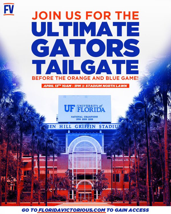 What’s up gator nation!!! Y’all go head to the Florida Victorious tailgate to meet student-athletes and coaches before the game. Kick off the game in true Gator style. Make #FloridaVictorious and fuel the future. @FL_Victorious #GoGators🐊