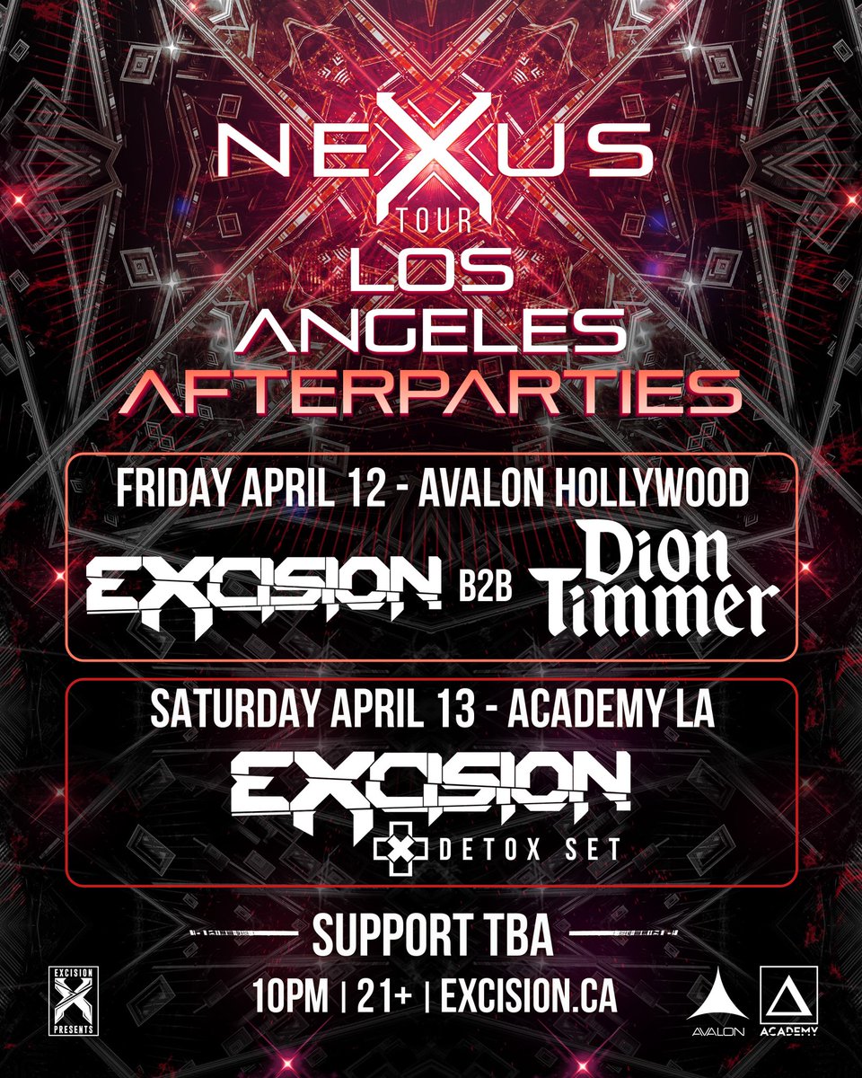 Excision's tweet image. The Nexus Tour hits LA in less than 2 weeks! The official afterparties are ON SALE NOW 😎 See you there, Headbangers!