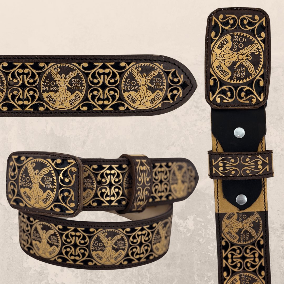 Ya disponible! 🪙 
🔍Shop: Brown and Gold 'El Centenario' Chiseled Charro Leather Belt
Phone case & belt available now! 

shop rodeodurango.com or link in bio #artesaniasmexicanas #westernwear #explore #leatherbelt #centenario