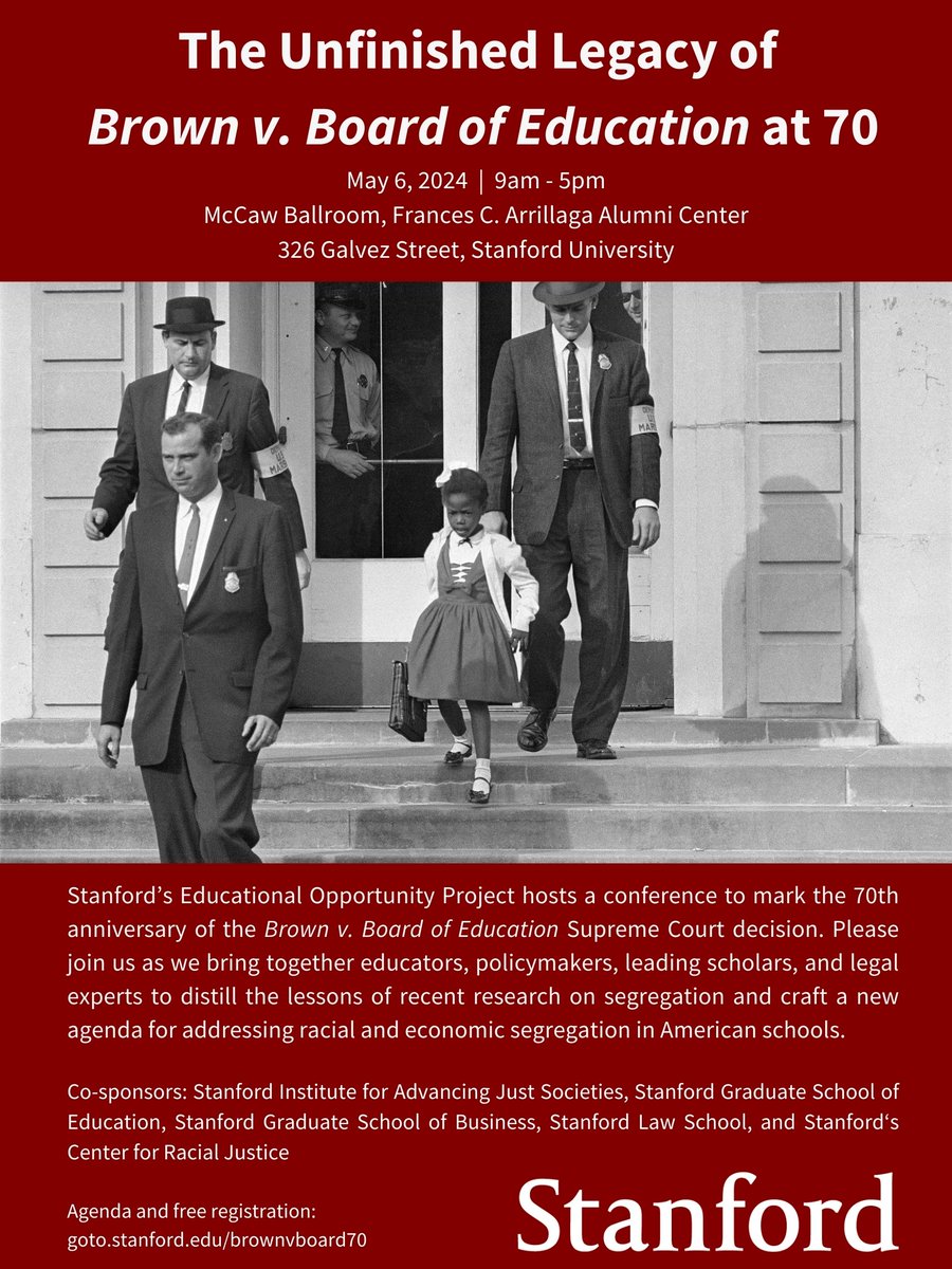 ✨The Unfinished Legacy of Brown v Board of Education at 70✨ Join us May 6 at Stanford University to distill the lessons of past research and craft a new agenda for addressing racial and economic segregation in American schools. Info+registration at humsci.stanford.edu/feature/unfini…