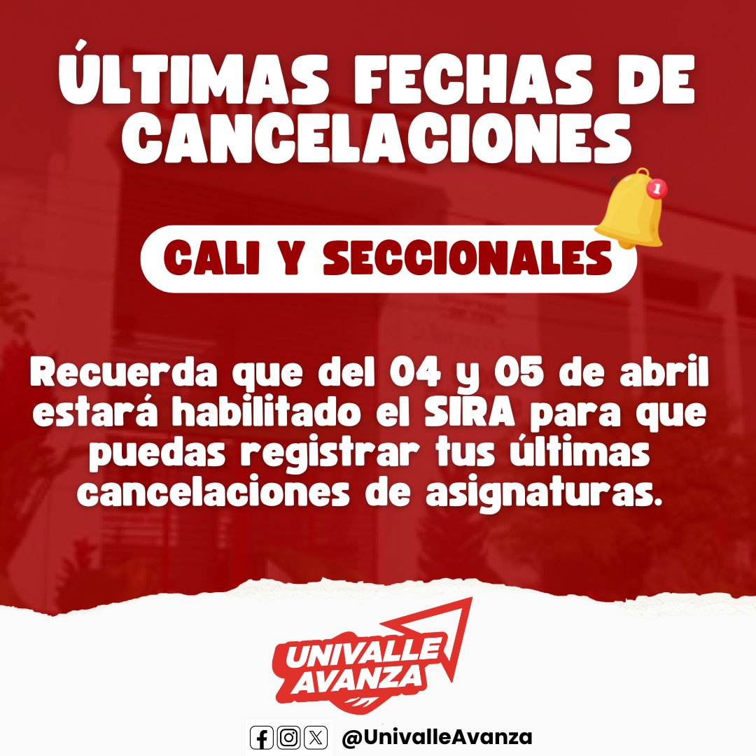 UnivalleAvanza's tweet photo. ÚLTIMAS FECHAS DE CANCELACIONES
 
Recuerda que del 04 al 05 de abril estará disponible el SIRA para que puedas registrar tus últimas cancelaciones de asignaturas. https://t.co/PNQ4Pavhh6