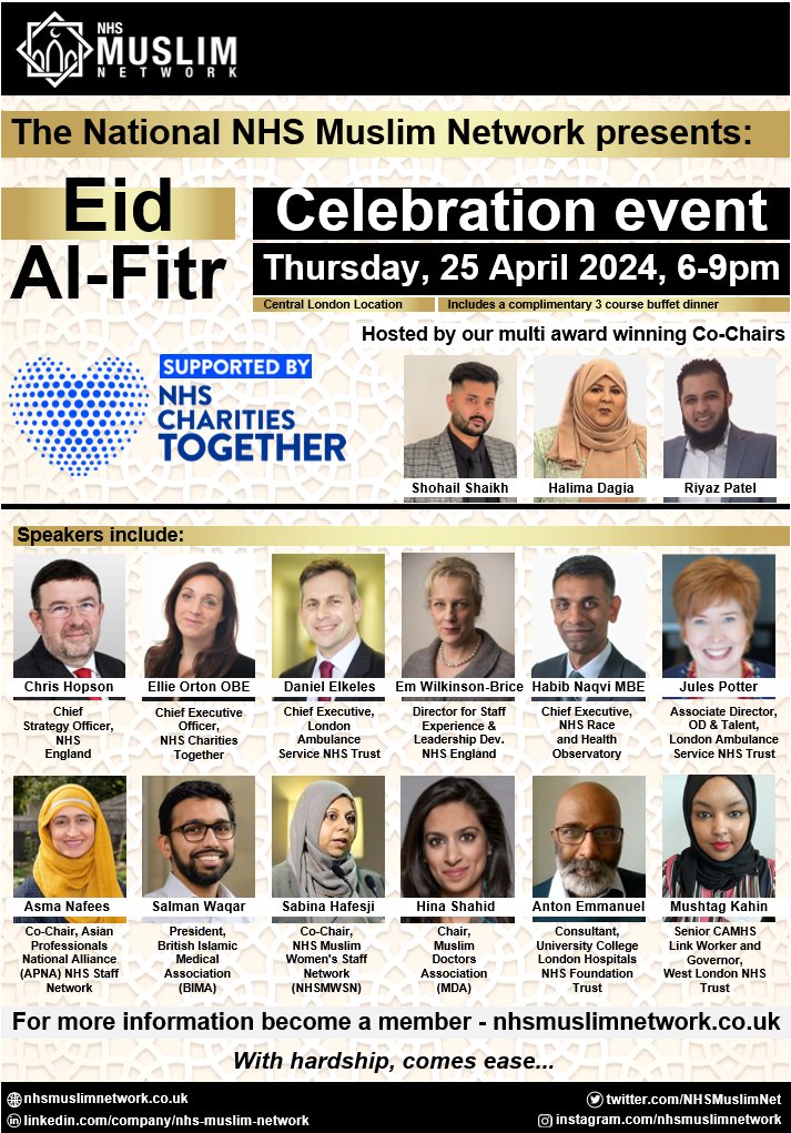 ✔️ All speakers announced❤️ ✔️ Registering interest ✔️ Countdown begins!⏱️ Excited for our in-person Eid Al-Fitr celebration event in London, supported by @NHSCharities! For more info: nhsmuslimnetwork.co.uk/in-person-eid-… @Shohail_Shaikh_ @HalimaDagia @riyaz_patel1 @ChrisHopsonNHS