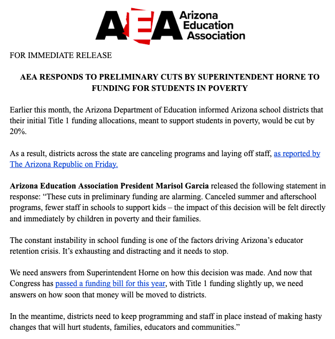 The AZ Dept of Ed recently informed school districts that their preliminary Title 1 funding allocations, meant to support students in poverty, would be cut by 20%. And as a result, districts across the state are canceling programs and laying off staff. Our statement: