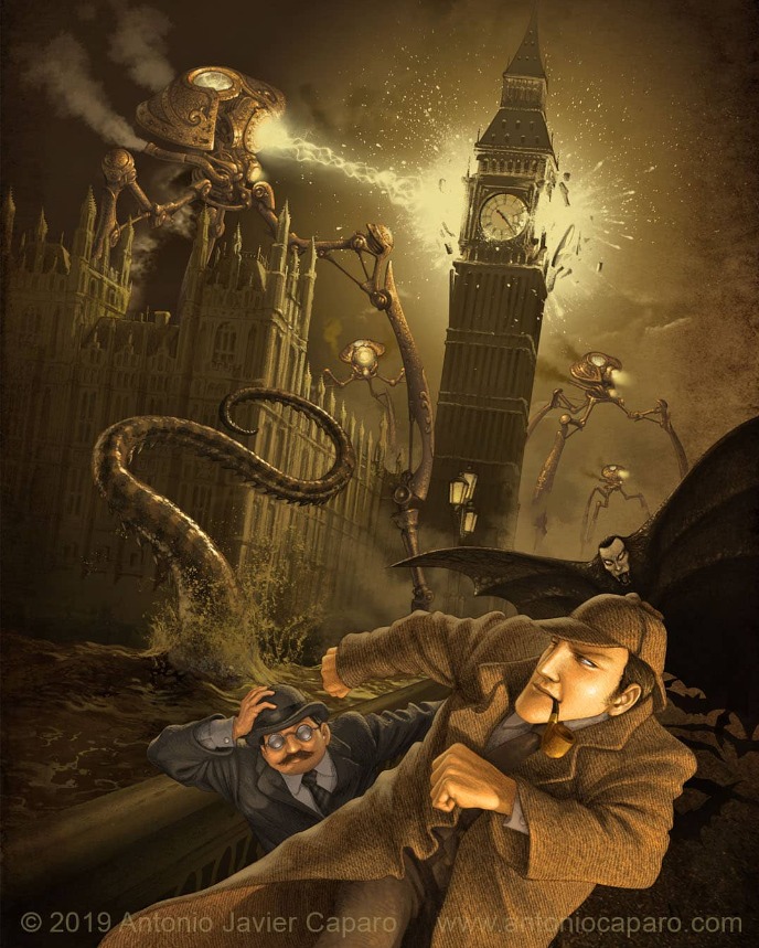 🛸In the last years of the 19th century this world was being watched closely by intelligences greater than man's, yet as mortal;🛸Even the great Sherlock quickly realized he'd met his match in the Martians🎨Art: Antonio Javier Caparo🛸#HGWells #SirArthurConanDoyle #SherlockHolmes