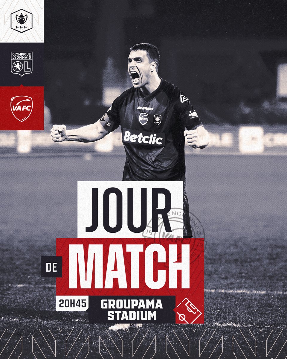 VAFC's tweet photo. Jour de demi-finale de @coupedefrance ! 🏆🇫🇷
🆚 @OL
⌚️ 20h45
🏟️ Groupama Stadium
📺 @beinsports_FR
#OLVAFC | #ObjectifFinale https://t.co/Ck7VfOT7Y4