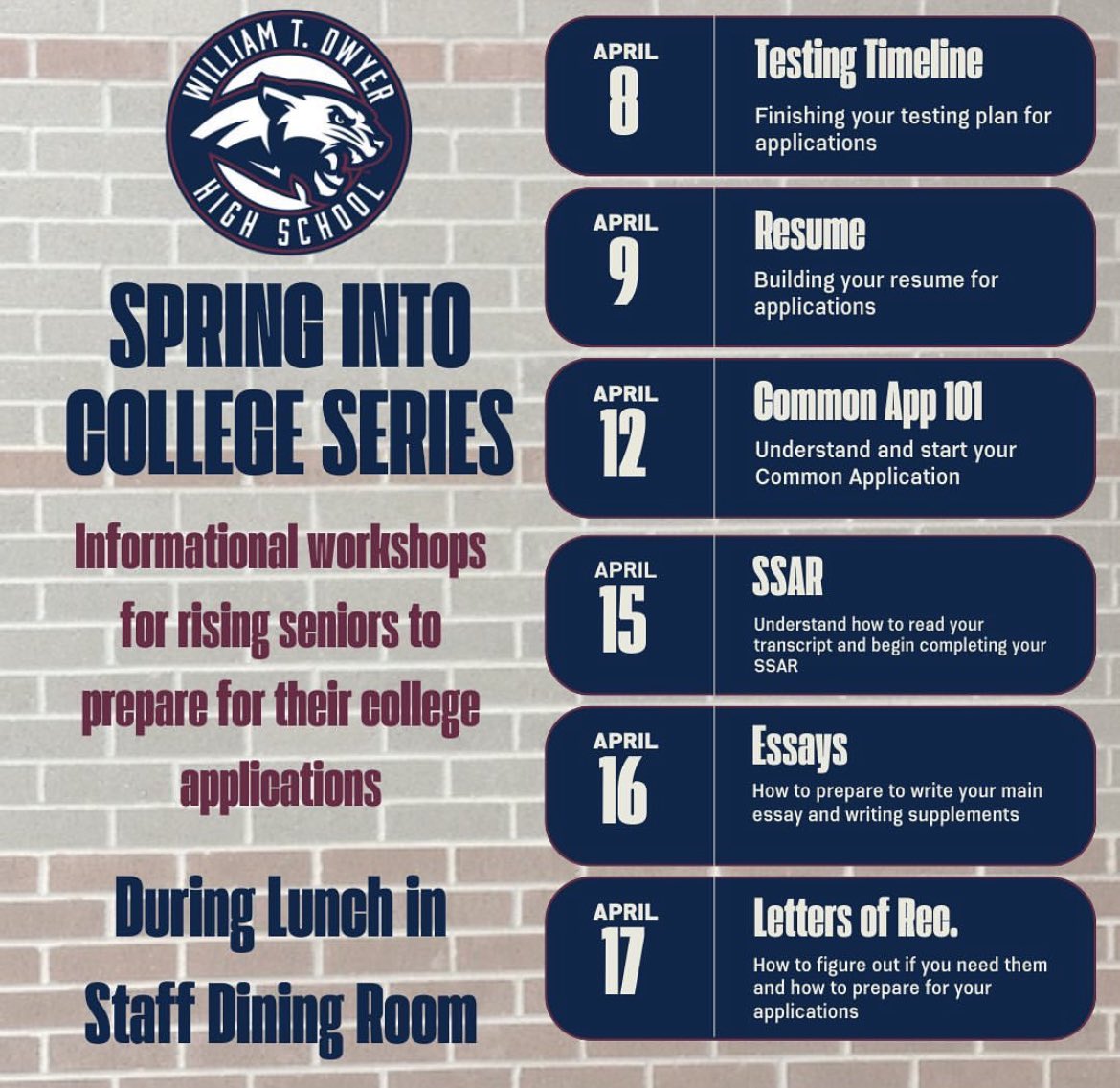 Attention Dwyer Juniors: Get a head start on college admissions prep by attending our “Spring into College Series” during your lunch period in the Staff Dining Room inside the Cafeteria. #WeAreDwyer #CollegeReady
