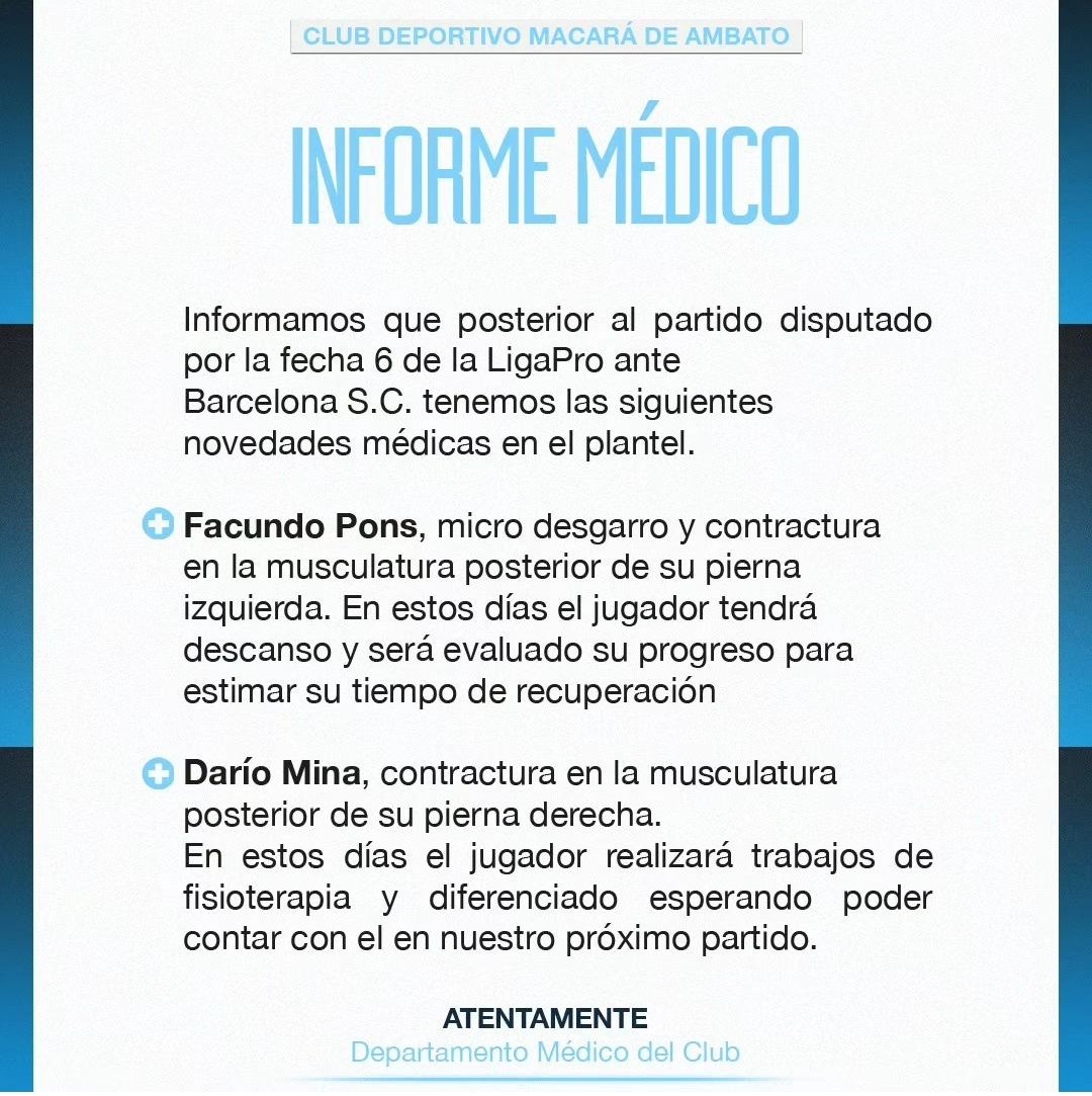 Ortega85Pablo's tweet photo. Informe medico de @Macara_Oficial sobre los jugadores Facundo Pons y Darío Mina. https://t.co/HiHC0cfwEm