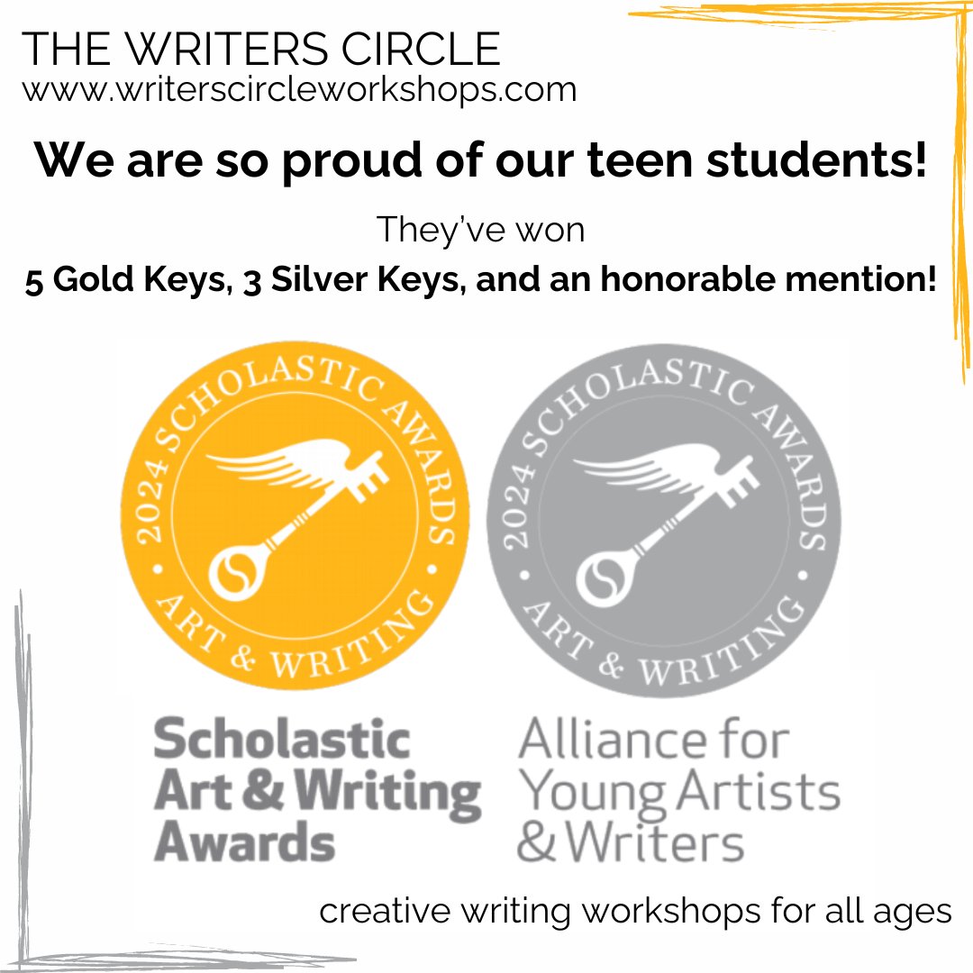 We are so proud to announce that our teen writing students have won 5 gold keys, 3 silver keys, and 1 honorable mention in the 2024 Scholastic Art &amp; Writing Awards! 
#scholastic #teenwriters #shortstories #flashfiction #scholasticartandwritingawards #writngawards #amwriting