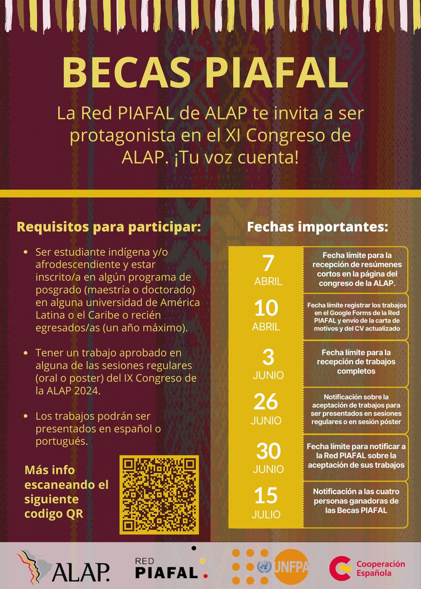¡Convocatoria!📢 Únete al XI Congreso de ALAP en Bogotá del 9 al 13 de diciembre de 2024. Aplica a la beca PIAFAL para estudiantes indígenas y afrodescendientes de ALC. Más info aquí⬇️⬇️ …48de0597ea32f3b9.admin.hardypress.com/wp-content/upl…