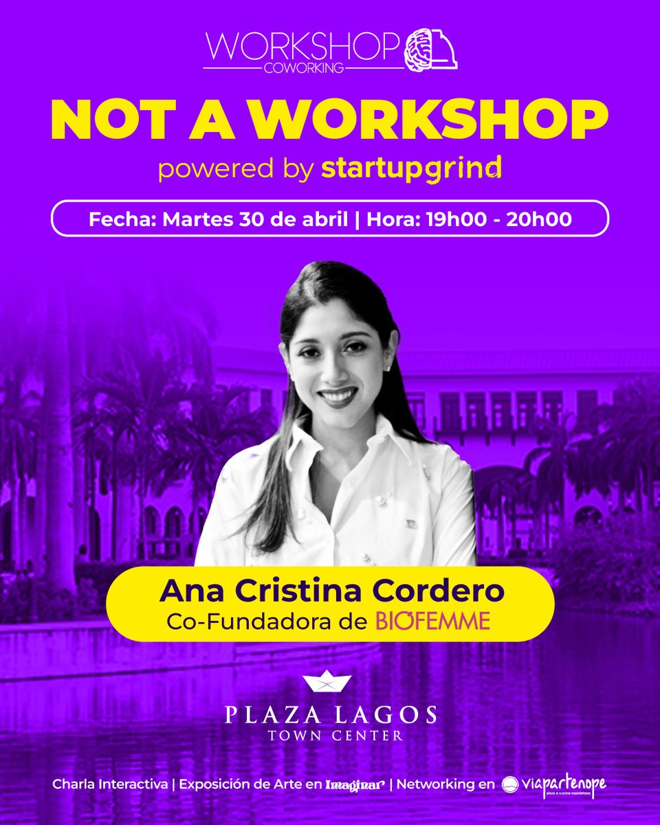 ¡Únete a nosotros en una experiencia única gracias al apoyo de Plaza Lagos y <a href="/startupgrindgye/">Startup Grind Guayaquil powered by Google</a> 🌟

Disfruta de una charla junto a <a href="/AnaCCordero1/">Ana Cristina Cordero Cárdenas</a>, CEO de BioFemme, y comparte de un espacio cultural con grandes emprendedores locales  🎊

🎟 bit.ly/nawanacristina
