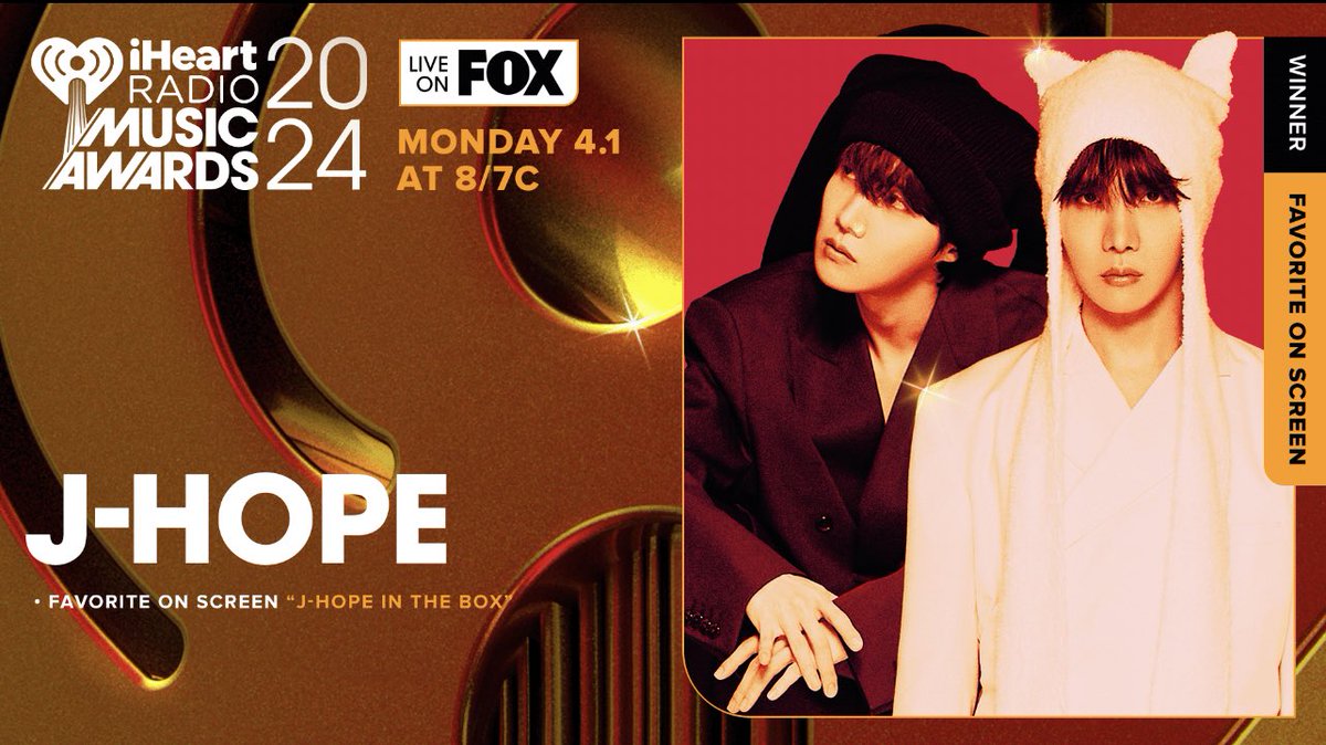Congrats to j-hope for winning 'Favorite On Screen' with 'j-hope in the Box' at the 2024 iHeartRadio Music Awards! 🏆