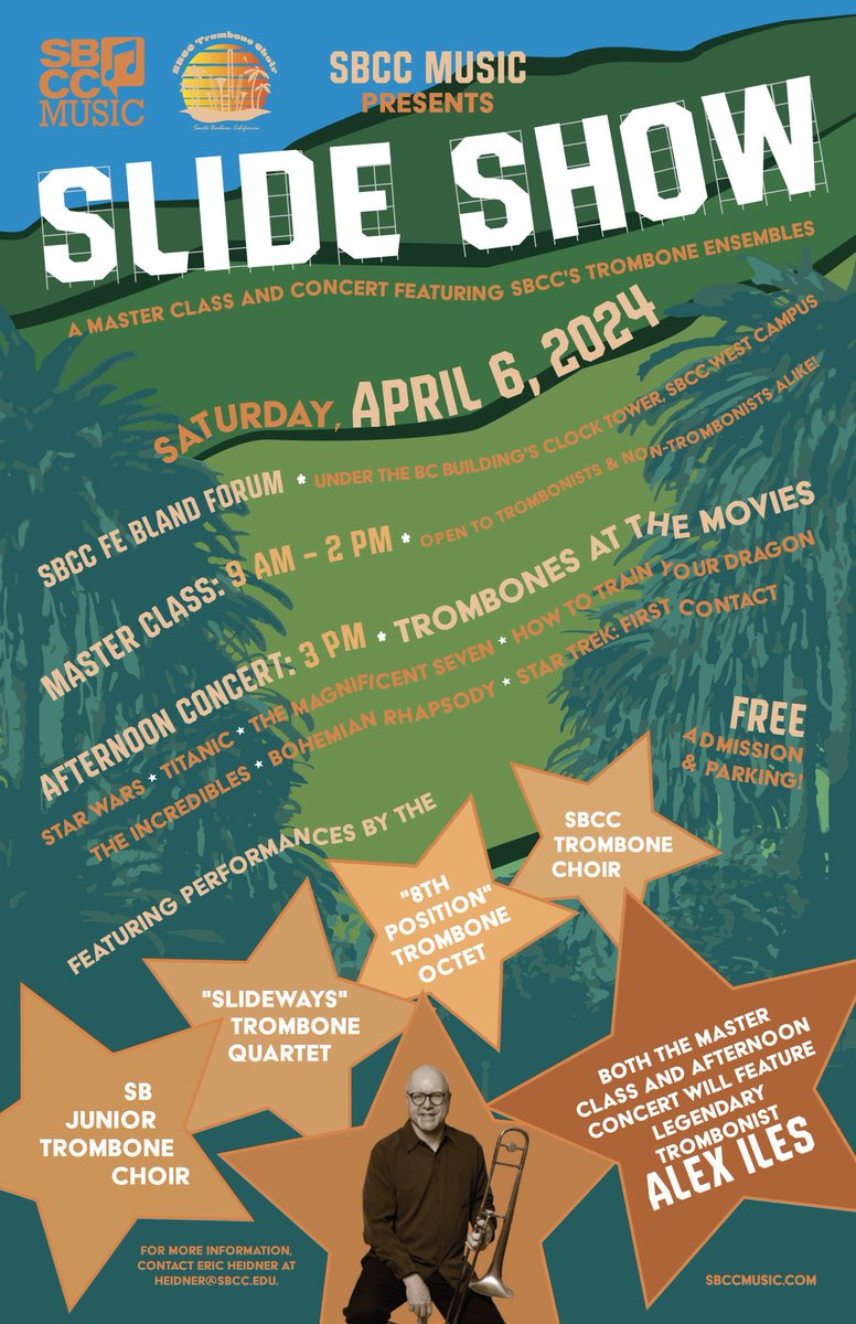 Santa Barbara City College's Trombone Ensembles are proud to welcome back the legendary movie soundtrack trombonist Alex Iles as the guest artist for this semester's 'Slide Show' master class (9 a.m. - 2:30 p.m.) and a FREE afternoon concert (starting at 3 p.m.) on Sat., April 6!