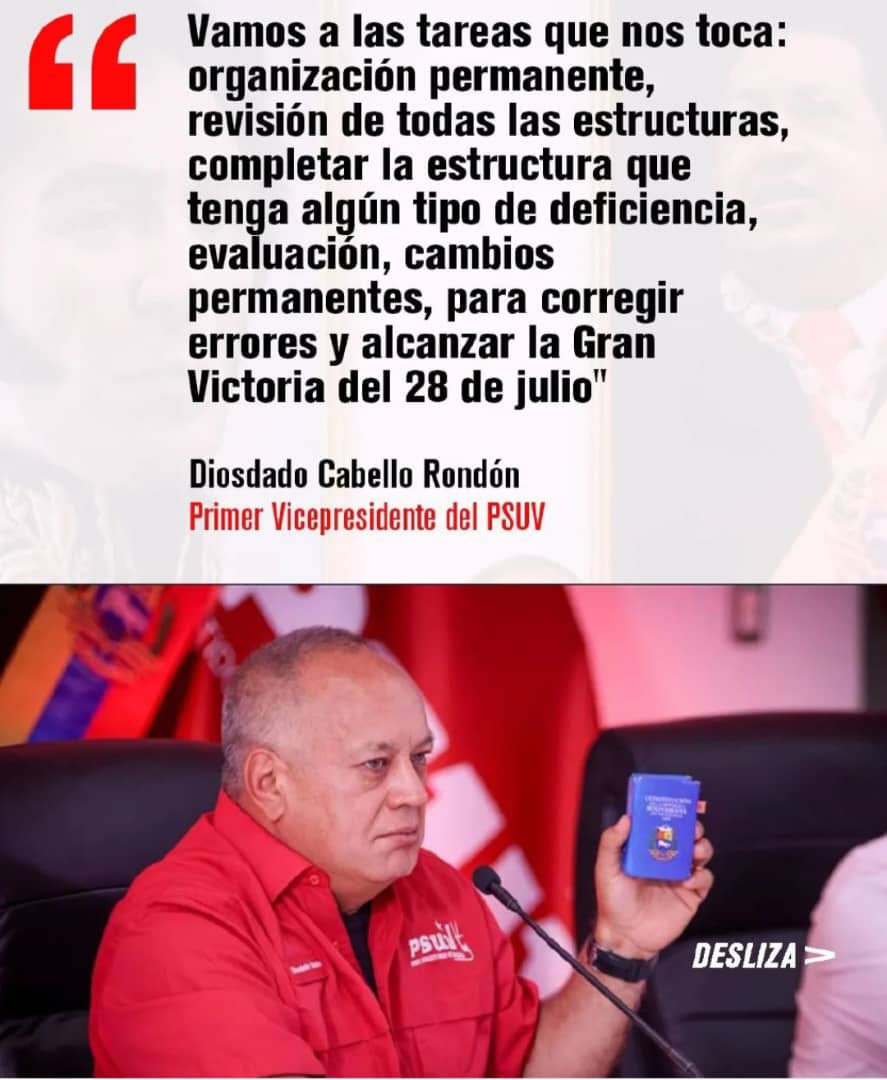 Organización Permanente para Alcanzar la Gran Victoria del 28J! Es la gran tarea que nos toca. Asi lo expreso en rueda de prensa nuestro primer Vice Presidente del Partido <a href="/dcabellor/">Diosdado Cabello R</a> 
Seguimos por los Caminos de Chá
<a href="/NicolasMaduro/">Nicolás Maduro</a> <a href="/irisvarela/">maria iris varela</a> <a href="/JohnPsuv2050/">John Moreno</a> <a href="/pinfantea/">Pedro Infante A.</a>