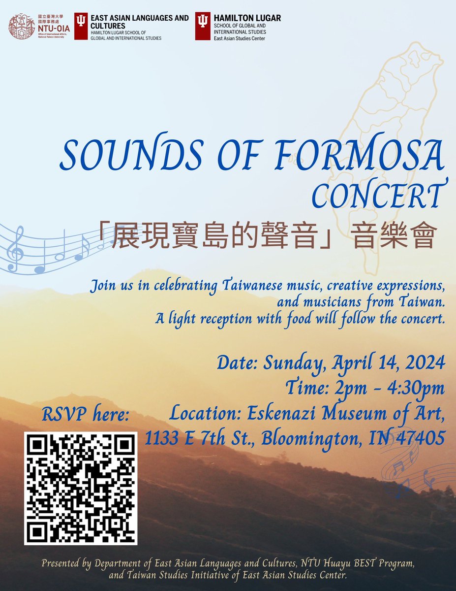 Join us on April 14 for @IUBloomington #Taiwan Day 2024–“Sounds of Formosa.” Check out the full program and RSVP at events.iu.edu/bloomington/ev… @EASC_IU @IUB_EALC @hamiltonlugar