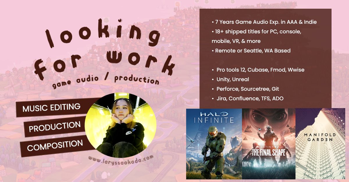 last friday i got word that my time with Bungie was officially over 💔

this means i am now looking for work! i have experience in a variety of game audio disciplines in both indie &amp; AAA. feel free to reach out &amp; let me know of any open roles that i may be suited for 🎶