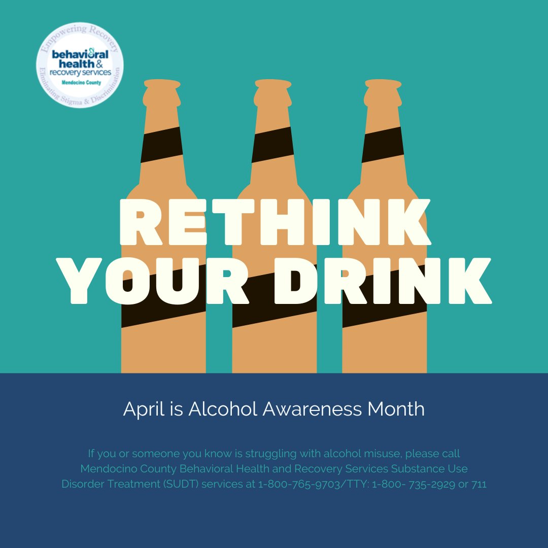 If you or someone you know is struggling with alcohol misuse, please call Mendocino County Behavioral Health and Recovery Services Substance Use Disorder Treatment (SUDT) services at 1-800-765-9703/TTY: 1-800- 735-2929 or 711.

#NDAFW #AlcoholAwareness #AlcoholAwarenessMonth