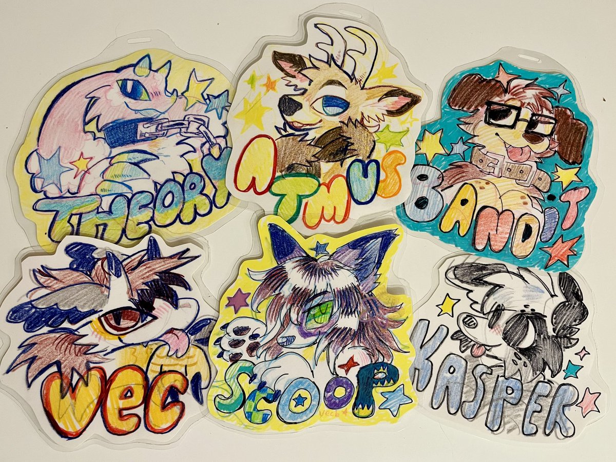 I will be doing at-con badges in the artist alley at FWA :3 here are some examples I made for friends ❤️