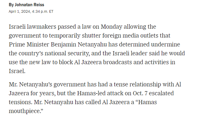 Old fashioned crude censorship, once limited to the worst authoritarian states, is really making a comeback. EU banned Russian state sponsored media in 2022 and now Israel grants Netanyahu powers to ban media foreign deemed a threat to national security.