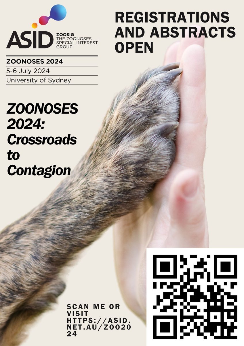 Register today / submit an abstract for @ASIDANZ Zoonoses 2024. 'Crossroads of Contagion' - education sessions with an emphasis on highlighting the importance of intersection of human/animal interactions and health. 5-6 July 2024 @Sydney_Uni See: bit.ly/3SLfk5k