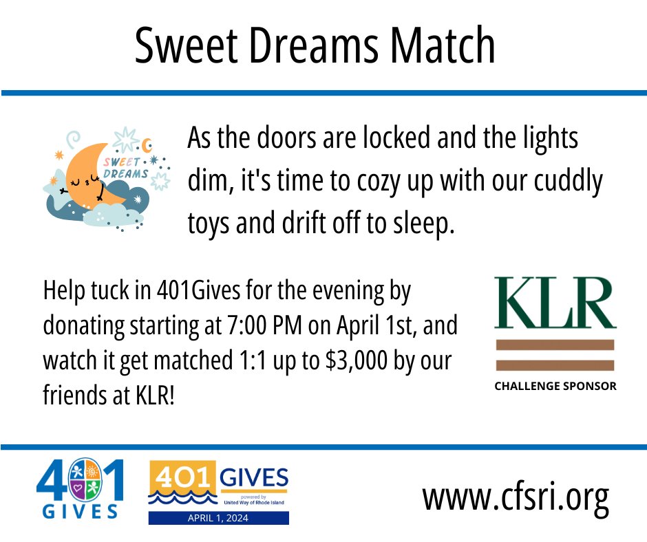 Cozy up with your favorite cuddly toy and help tuck in @401Gives for the night! Donate now to ensure baby's safety all night long. Every donation matched 1:1 up to $3,000 by KLR. Let's make a difference together! 💤🌟👶Donate now - 401gives.org/organizations/…