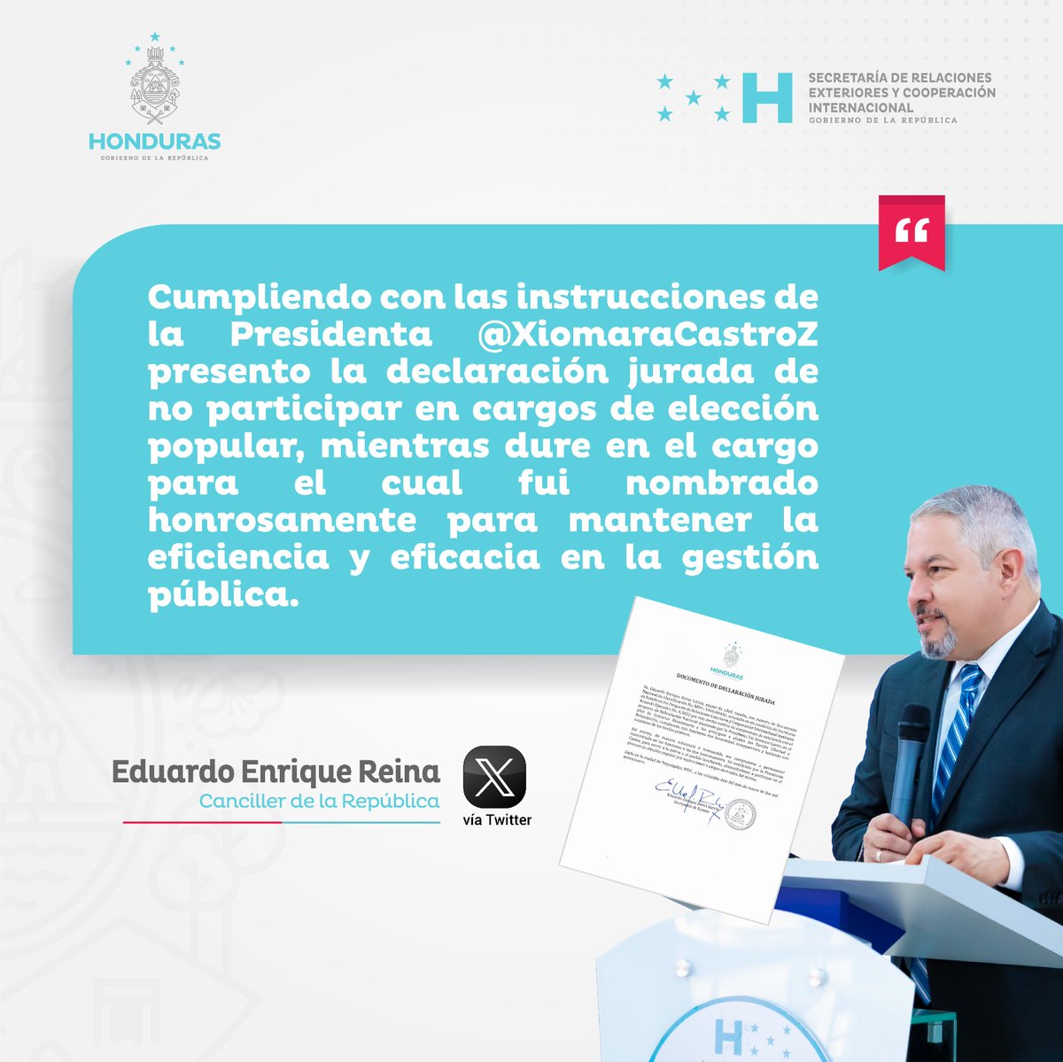 CancilleriaHN's tweet photo. 🗣️|Embajador @EnriqueReinaHN, Canciller de la República a través de su cuenta de "X" presenta la declaración jurada de no participar en cargos de elección popular. https://t.co/psv0hoi0hr