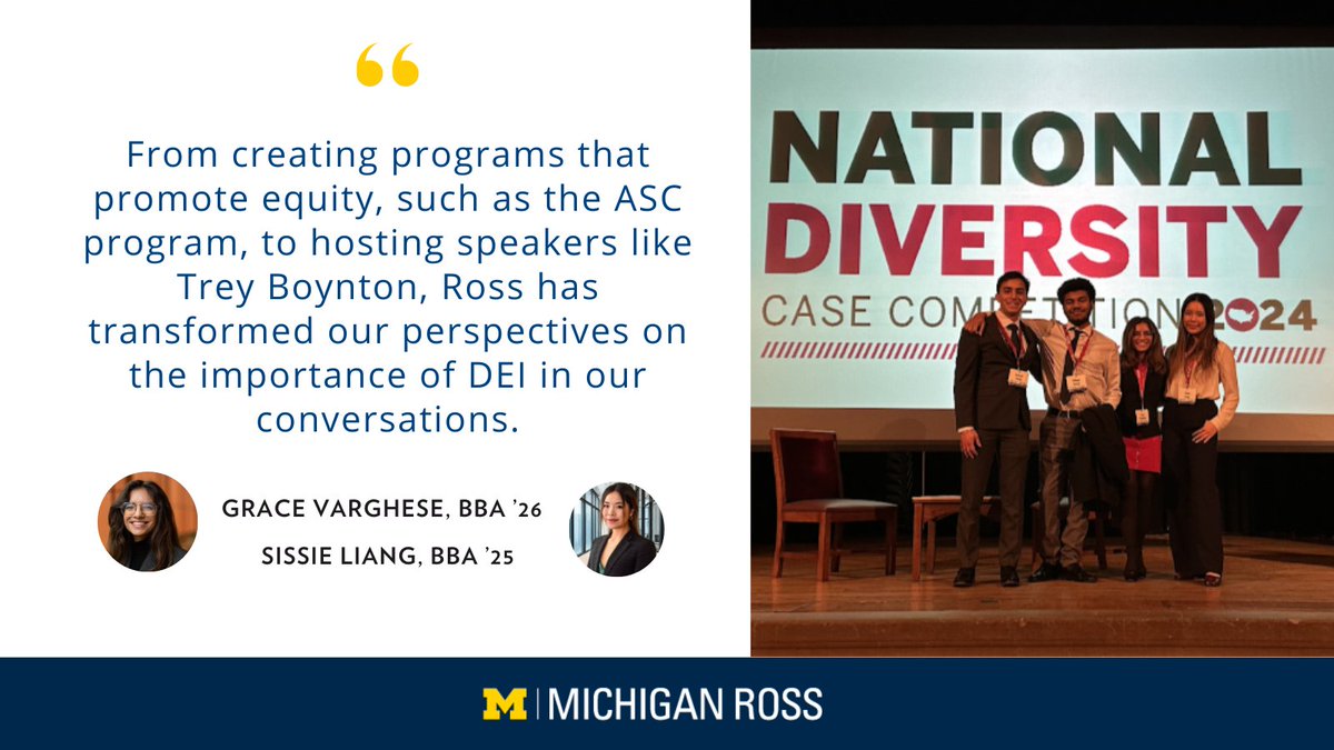 Reflecting on their journey at the National Diversity Case Competition, Sissie Liang, BBA ’25, Grace Varghese, BBA ’26, and their team showcased innovative strategies for improving diversity in clinical trials. myumi.ch/23Mkn