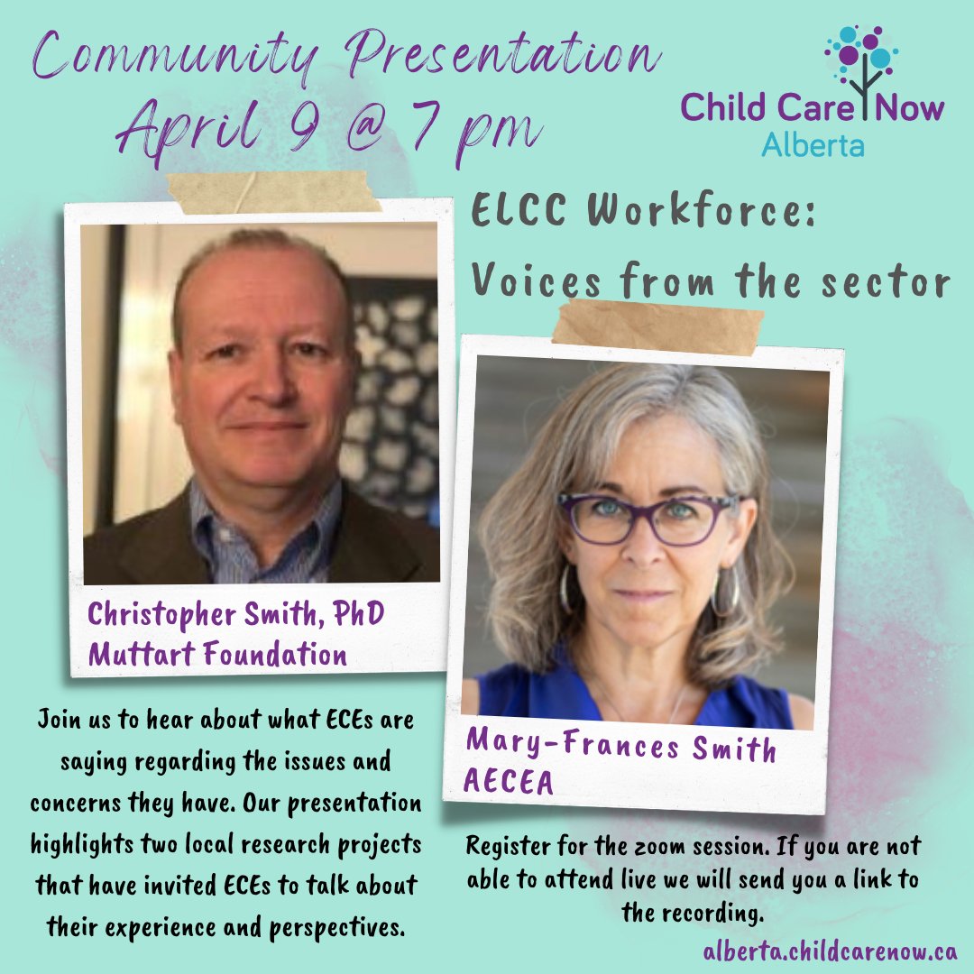 ELCC Workforce: Voices from the sector Join us on April 9 to hear about what ECEs are saying about the issues and concerns they have. We highlight 2 local research projects where ECEs talk about their experience and perspectives. Register on zoom: us02web.zoom.us/meeting/regist…… 📷