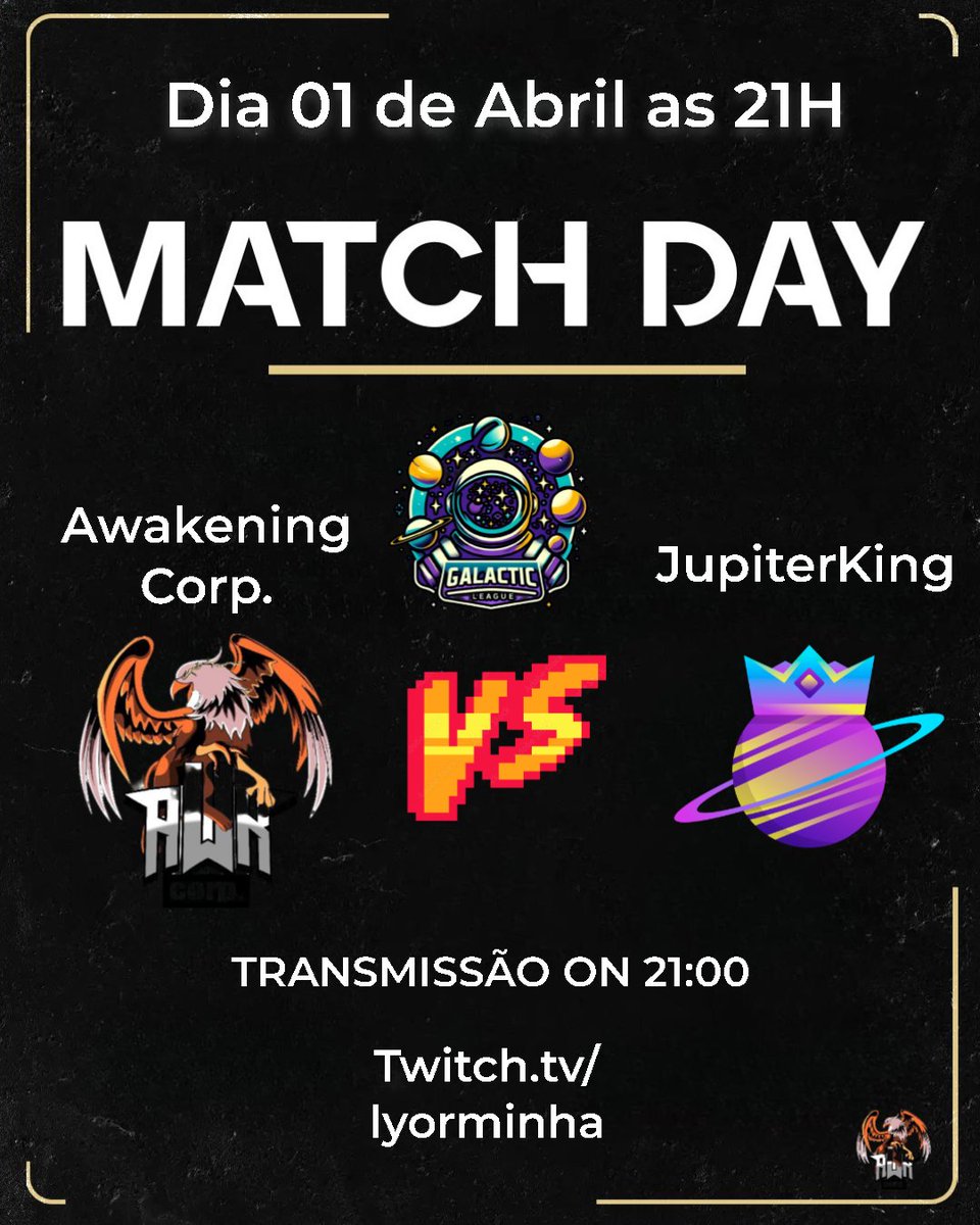 LIGA GALÁCTICA JÁ VAI COMEÇAR

01/04 às 20h contra
<a href="/LontrinhasLOL/">Lontrinhas E-Sports</a>

01/04 às 21h contra
<a href="/jkg_esport/">Jupiter King E-sports</a> 

Ao vivo às 21:00 twitch.tv/lyorminha

#GoAWK #Leagueoflegends #esports