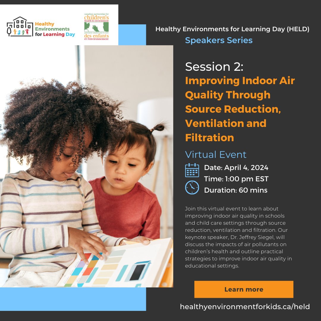 The second event in our HELD 2024 Speaker Series (@HealthySchCan), April 4th, will focus on improving indoor air quality in schools and child care through source reduction, ventilation and filtration. Register for the free virtual event here: us02web.zoom.us/webinar/regist…